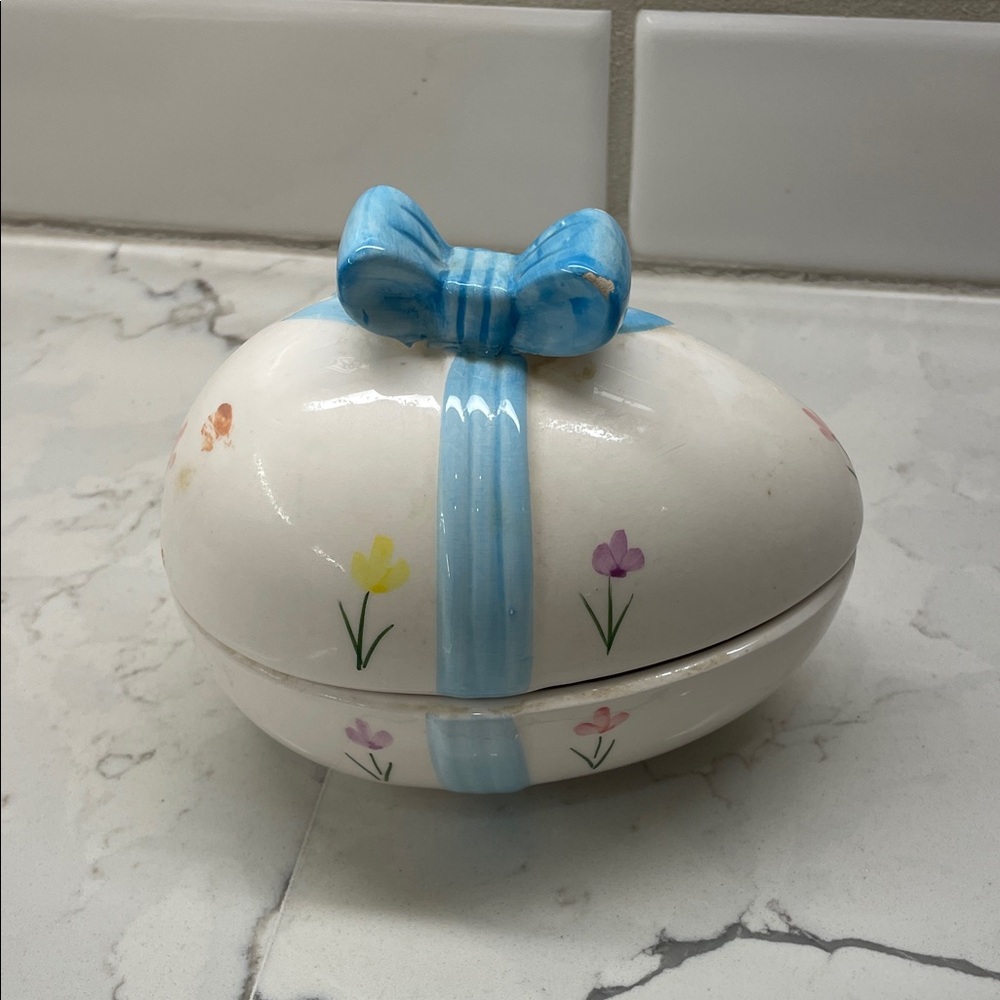 Floral Ceramic Egg with Blue Bow